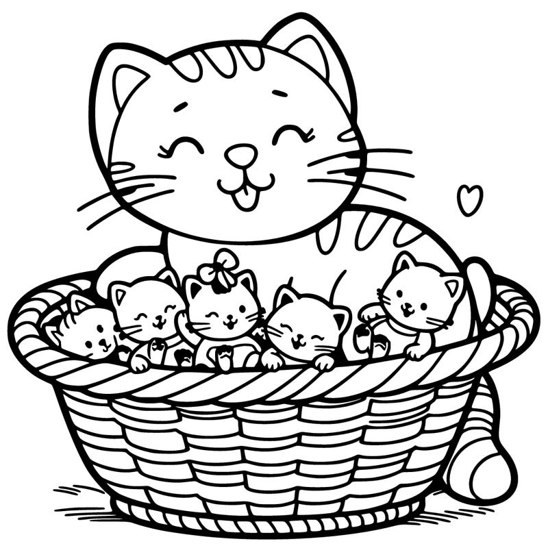 cat with babies in a basket