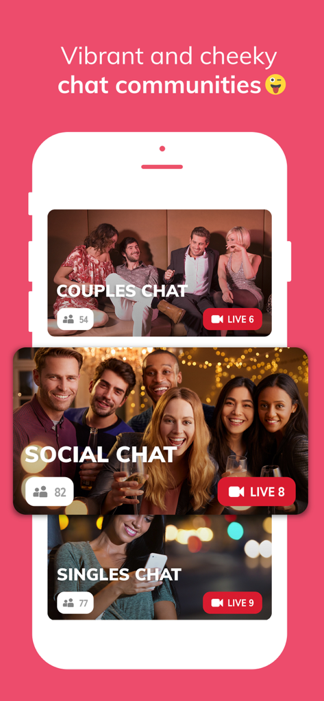 RedHotPie - Dating & Chat App - RedHotPie app screen showing different chat communities for couples and singles