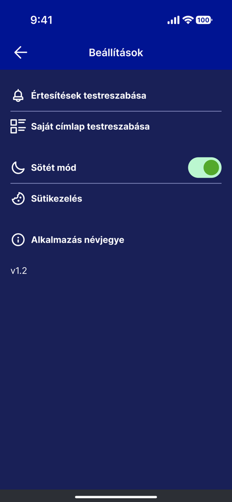 Origo hírek mobilalkalmazás beállítások menüje, amelyöt sötét módot és értesítési lehetőségeket mutat