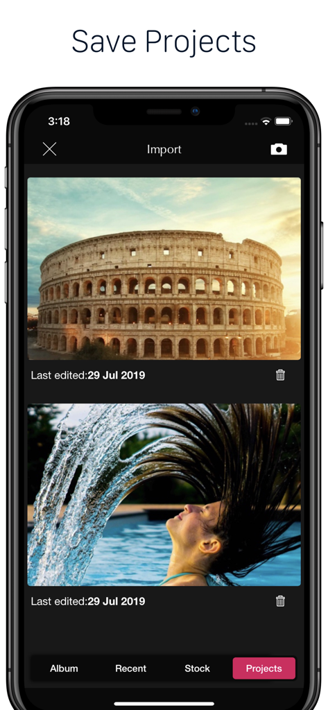 PixaMotion 3d Photo Video Loop - Interface of PixaMotion app showing saved animation projects including the Roman Colosseum and a water splash effect.