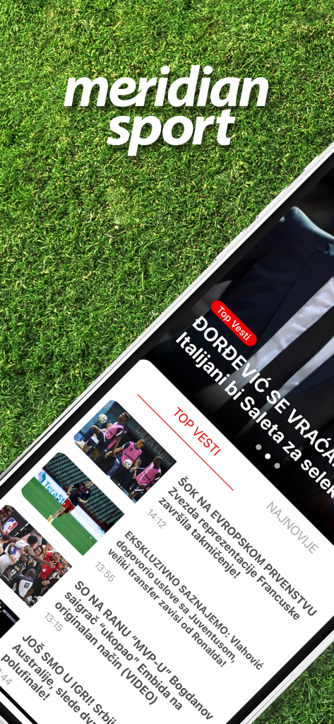 Meridian Sport Srbija - Meridian Sport Srbija app displaying Serbian sports news and headlines on a mobile screen over a grass background