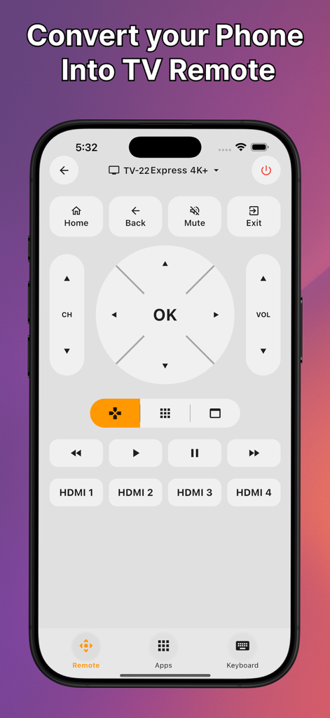 Android TV Remote Control. - Pantalla de iPhone mostrando una interfaz de control remoto digital para Android TV con botones de navegación y volumen