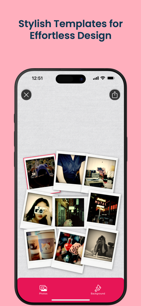 Aesthetic polaroid photo collage template on VideoToLive app interface