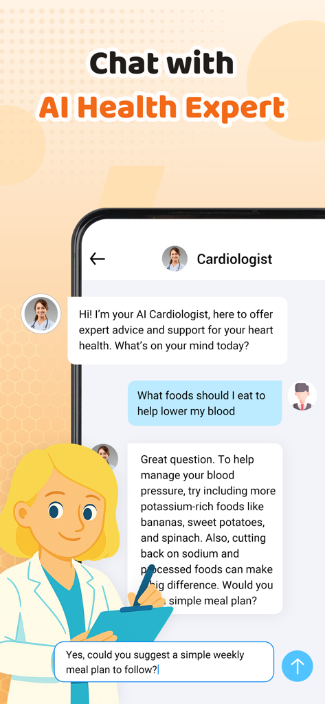 HeartEase: BP Tracker - Interfaz de chat con un cardiólogo de IA que ofrece consejos dietéticos para la presión arterial