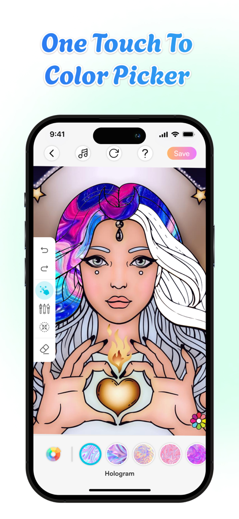 Corly: Color Picker Relax - 홀로그램 머리 질감과 황금색 하트가 있는 여성의 디지털 컬러링 페이지를 보여주는 모바일 앱 인터페이스