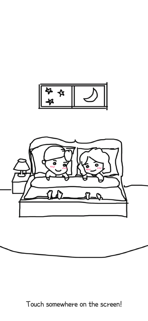 A simple hand drawn illustration of a couple in bed at night from the Spermie Dash game intro