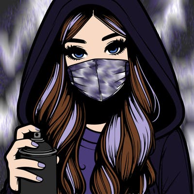 girl wearing a mask with long hair with her hood up spray-painting realistic