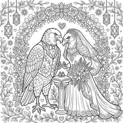 Witness a truly unique celebration of love with this captivating Eagles Wedding coloring page. Adorned with intricate details and a romantic floral setting, it's perfect for anyone who loves nature and special occasions.