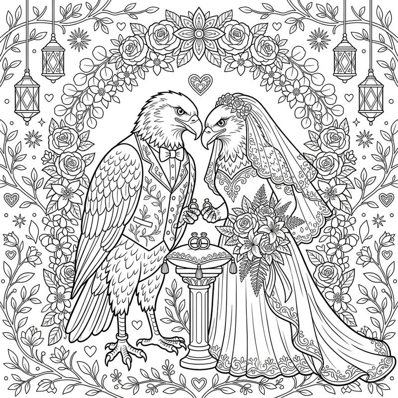 Witness a truly unique celebration of love with this captivating Eagles Wedding coloring page. Adorned with intricate details and a romantic floral setting, it's perfect for anyone who loves nature and special occasions.