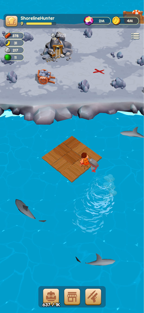 Raft® Survival Adventure Quest - Un personaje jugador en una balsa de madera en el océano rodeado de tiburones cerca de una isla desierta rica en recursos