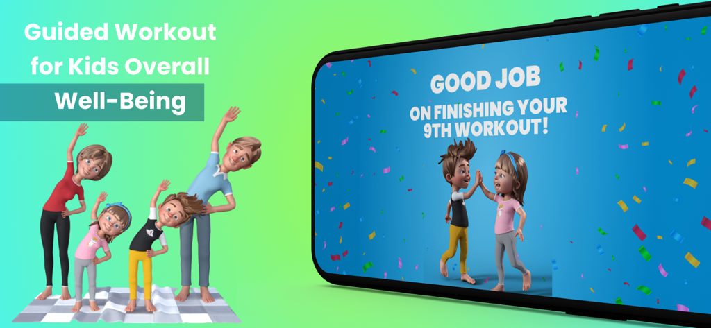 Fitness for Kids: Kids Workout - 3D cartoon family doing side stretches next to a smartphone screen celebrating a workout milestone with confetti