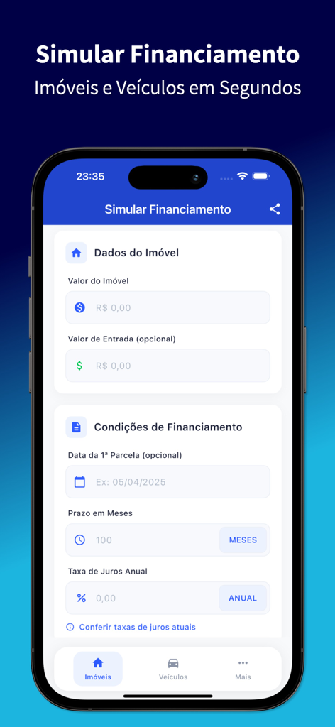 Interfaccia mobile dell'app Simular Financiamento che mostra un modulo di simulazione di finanziamento immobiliare