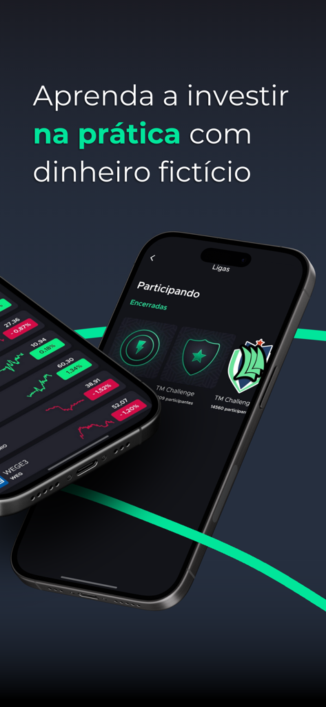 TradeMap: Acompanhe suas ações - Two smartphones displaying the TradeMap app interface for simulated investment leagues and stock portfolio tracking