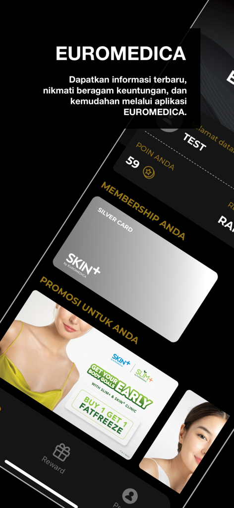 Euromedica - The Euromedica app home screen showing a silver membership card and aesthetic treatment rewards.