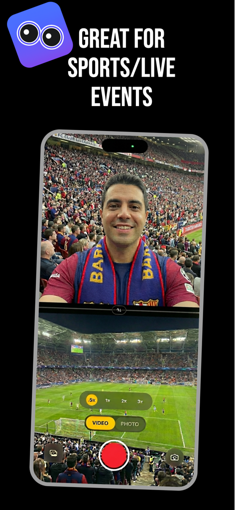 DualCapture - Dual Camera - Vista a pantalla dividida de un hombre grabando un selfie y un partido de fútbol simultáneamente usando la aplicación de cámara dual en un estadio.