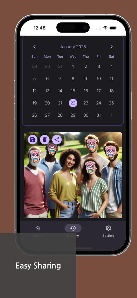 Blur & Mosaic - Auto Face blur - Interface d'application mobile montrant un calendrier d'historique et une photo de groupe avec des visages cachés par des autocollants pour la protection de la vie privée.