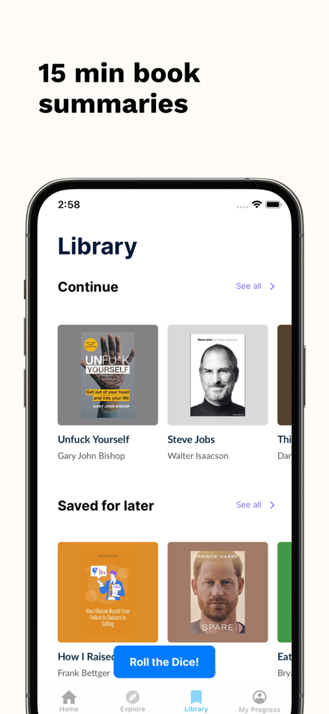 SumizeIt: Daily Book Summaries - Interface da biblioteca do aplicativo móvel SumizeIt mostrando resumos de livros de não ficção como Steve Jobs e Spare