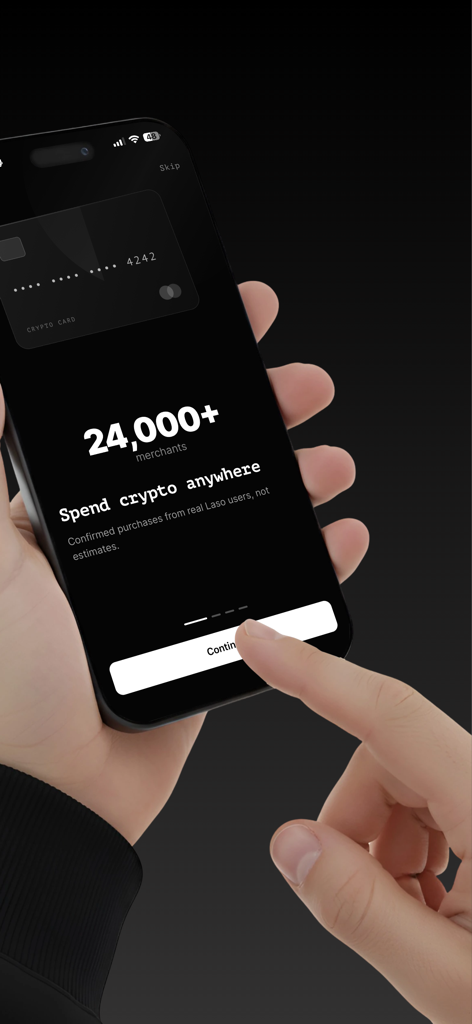 Hand holding a smartphone displaying the Laso Finance app with a virtual crypto card and the text Spend crypto anywhere