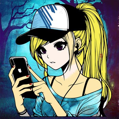 realistic girl with a long ponytail and trucker hat holding an iphone