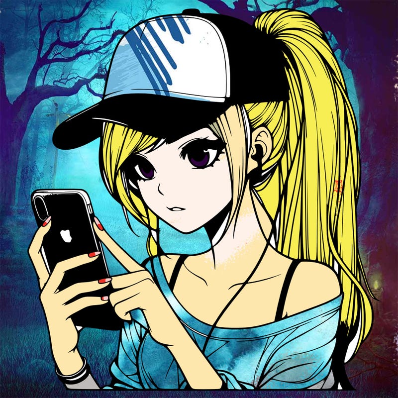 realistic girl with a long ponytail and trucker hat holding an iphone