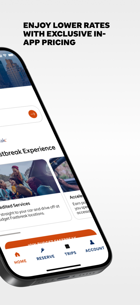 Schermata di uno smartphone che mostra l'app di noleggio auto Budget con un titolo sui prezzi più bassi e tariffe esclusive in-app.