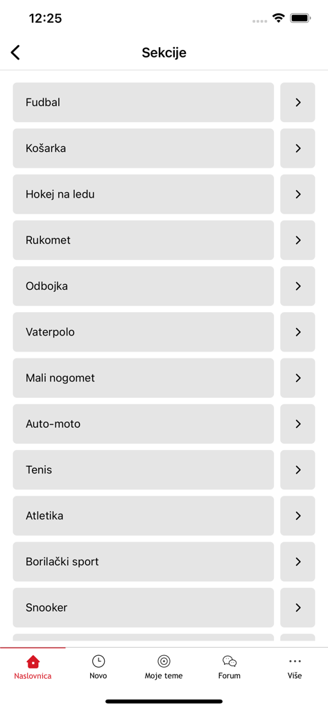 SportSport.ba - El menú de secciones de la aplicación SportSport.ba que muestra una lista de categorías deportivas en bosnio como fútbol, baloncesto y balonmano.