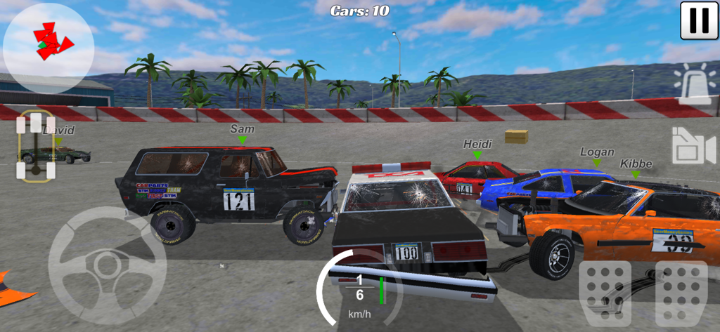 Multiplayer car crash action in a demolition derby arena