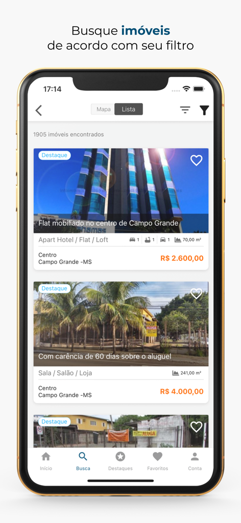 Tela de busca do aplicativo InfoImoveis exibindo listagens de imóveis brasileiros