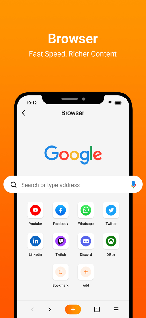 1DM: Browser & Downloader - 1DM Browser home screen showing a Google search bar and shortcut icons for YouTube, Facebook, and Twitter.