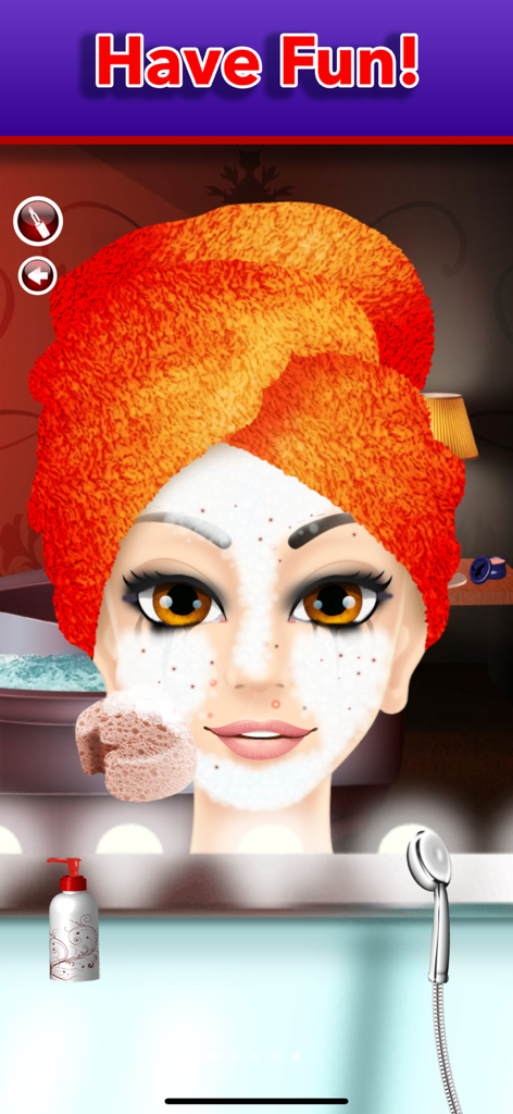 A girl character with an orange towel on her head getting a white facial cream treatment in the spa section of the game.
