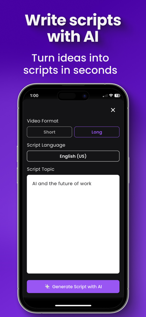 Tela de smartphone mostrando a interface de escrita de roteiro por IA do aplicativo Teleprompter para Criador de Vídeo com opções de formato de vídeo e tópico.
