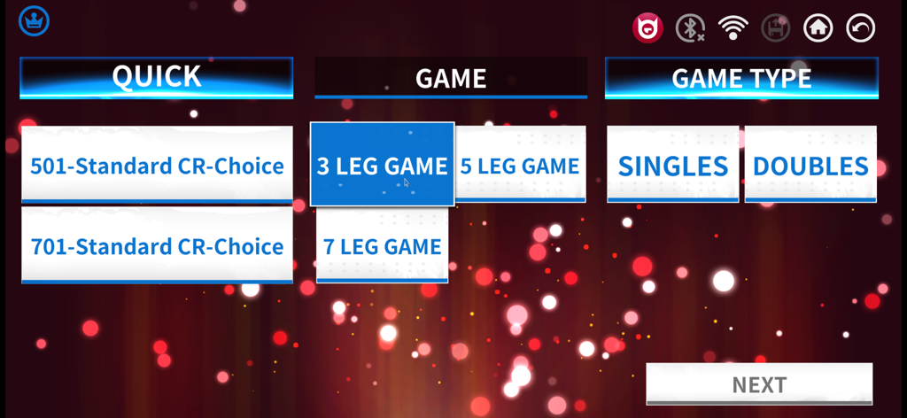 DartsBeat Home - Interface of DartsBeat Home app showing options for game types, leg counts, and quick play modes