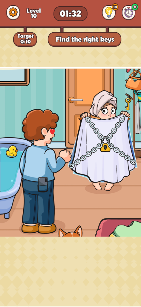 Help Them - Tricky Puzzle - A cartoon puzzle level in Help Them Tricky Puzzle where characters face a humorous obstacle in a bathroom