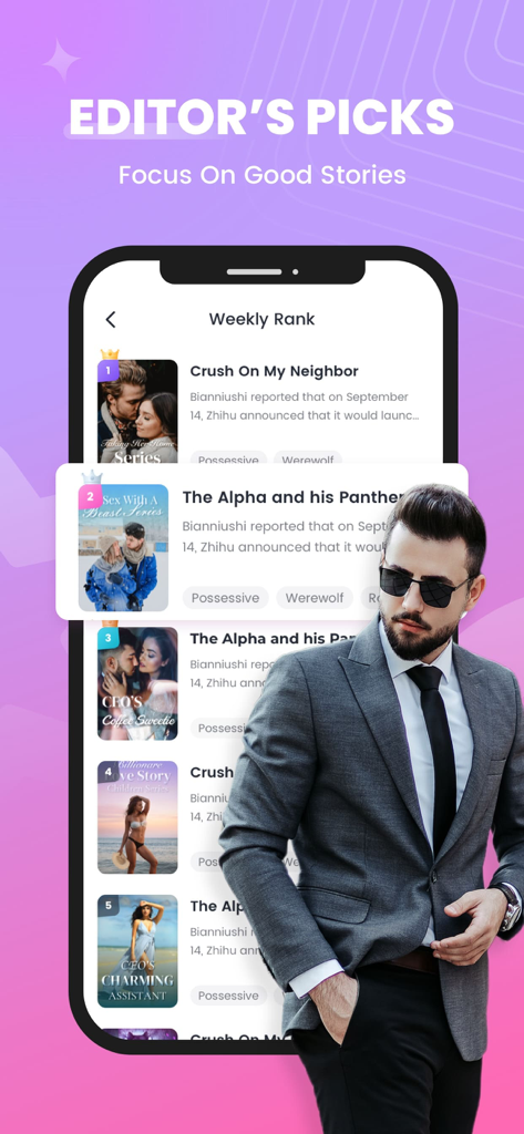 Yestory - Read Books & Booktok - Yestoryモバイルアプリのインターフェース。編集者のおすすめリストや、ロマンスやウェアウルフのストーリーの週間ランキングを表示しています