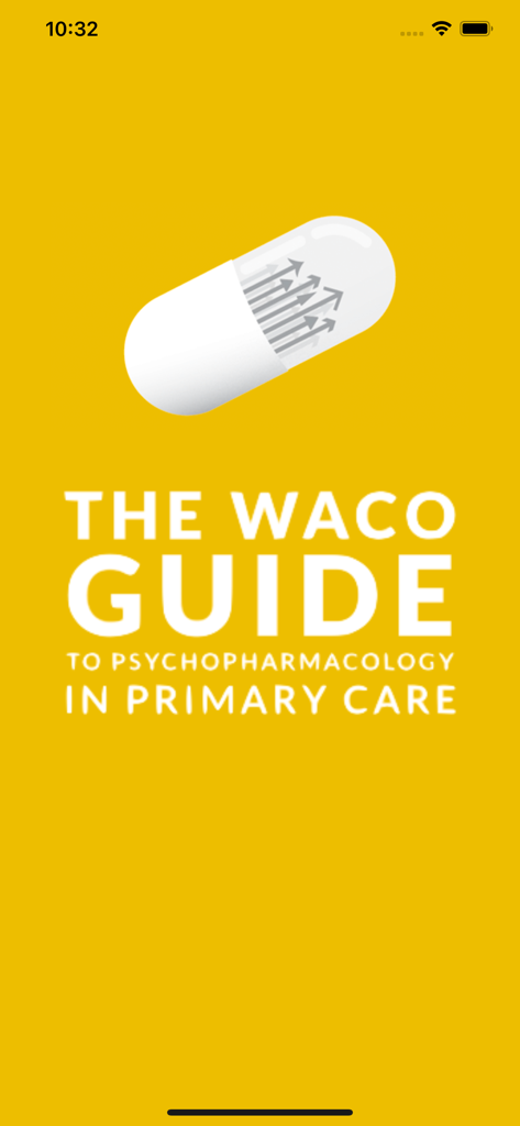 The Waco Guide to Psychopharmacology app splash screen featuring a pill graphic and title on a yellow background