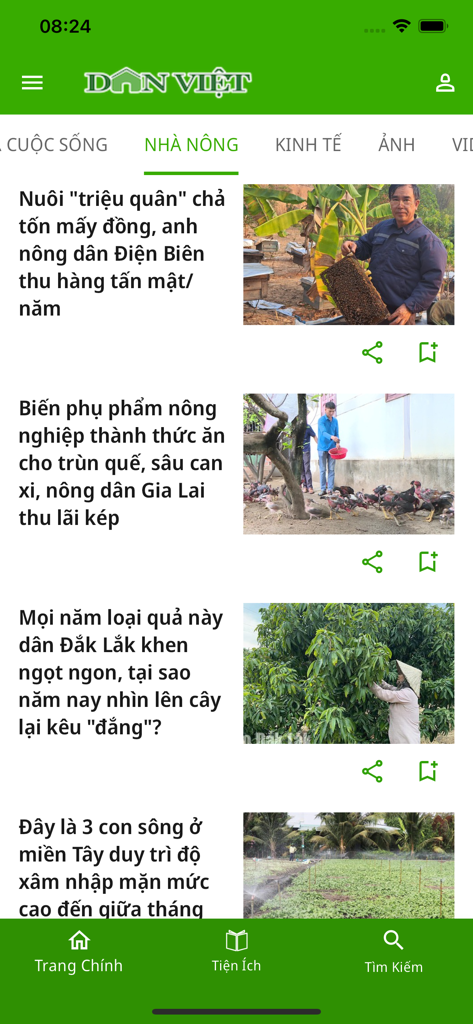 danviet.vn - Vietnamese news app Dan Viet displaying the agriculture section with articles and images.