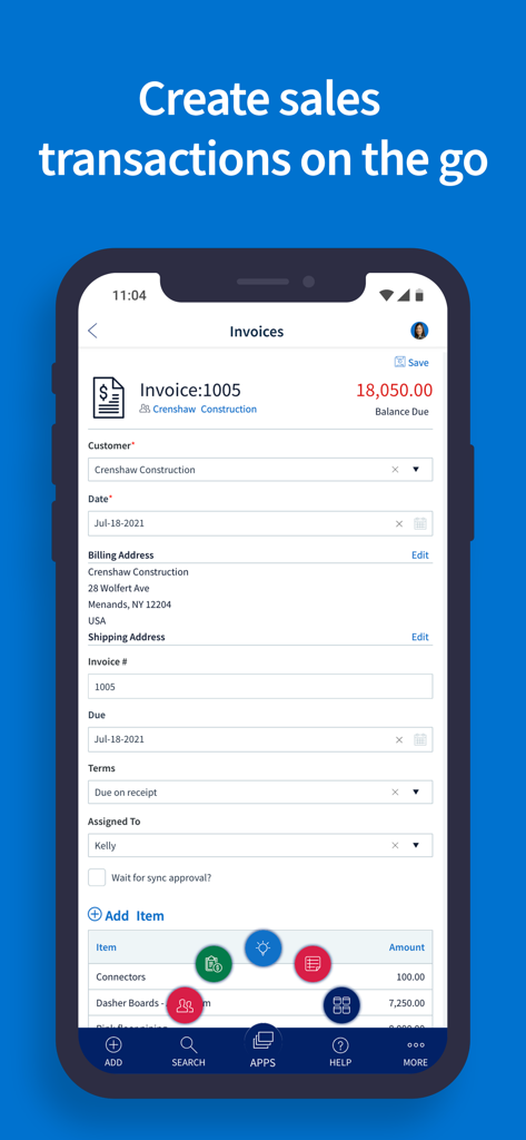 Method CRM mobile app interface for creating sales invoices on the go