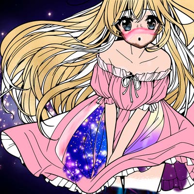 manga girl with long flowing hair and a dress that is pushed down