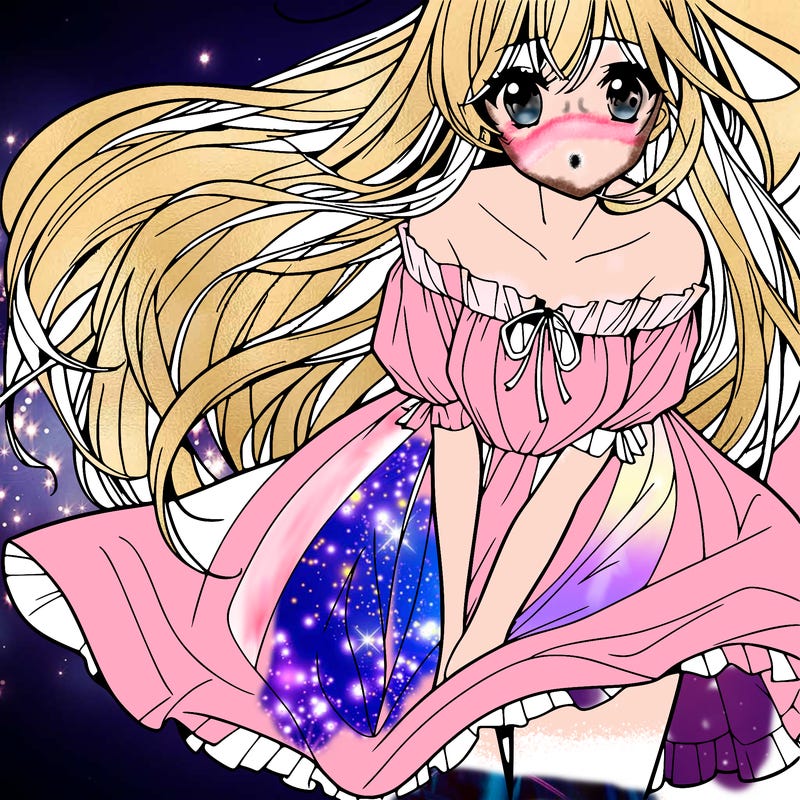 manga girl with long flowing hair and a dress that is pushed down