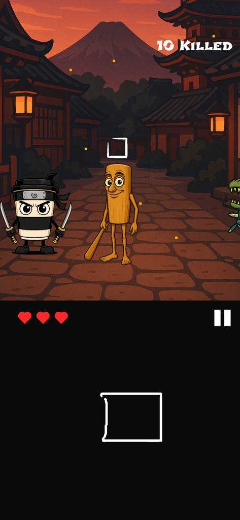 Cappuccino Assassino Game - Um personagem de xícara de café ninja em um cenário japonês desenhando um gesto quadrado para derrotar um inimigo manequim de madeira.