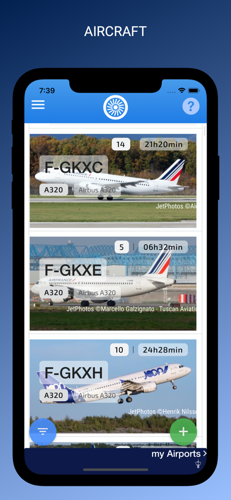 FlightLog App - Aircraft statistics screen showing flight hours and flight counts for individual planes in the FlightLog app