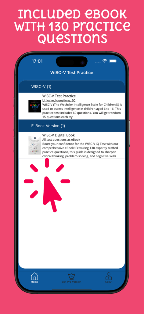 Screenshot of the WISC-V Test Practice Pro app showcasing a digital book with 130 practice questions