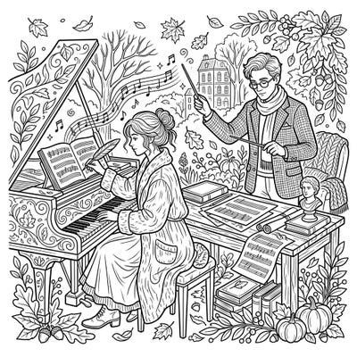Dive into a beautifully detailed coloring page showcasing ballet composers at work amidst a charming autumn backdrop. This exquisite design invites you to bring a classical musical moment to life with your favorite fall colors.