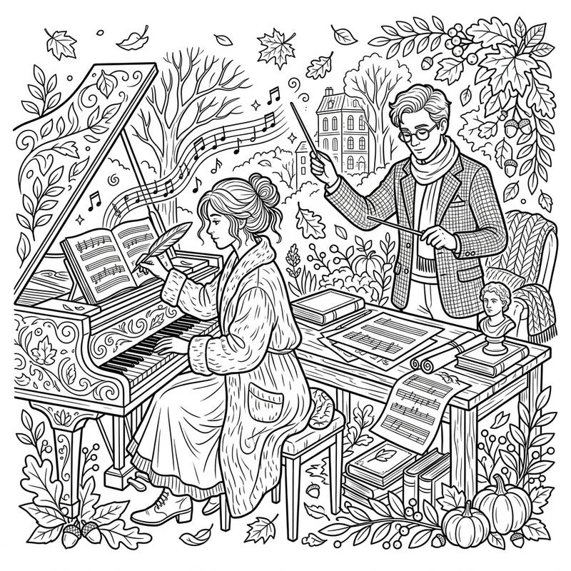 Dive into a beautifully detailed coloring page showcasing ballet composers at work amidst a charming autumn backdrop. This exquisite design invites you to bring a classical musical moment to life with your favorite fall colors.
