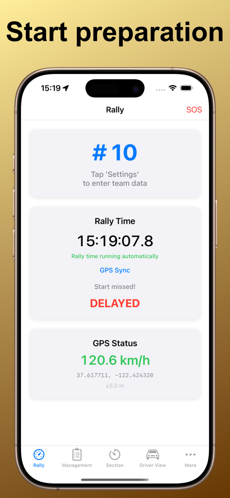 Interface do aplicativo OldTimer Rally Timer mostrando preparação inicial com displays de hora do rally e status do GPS