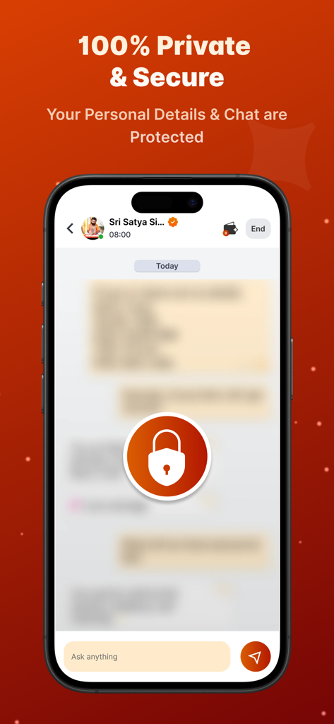 NeoAstro app interface showing a 100 percent private and secure chat window with a Vedic astrologer