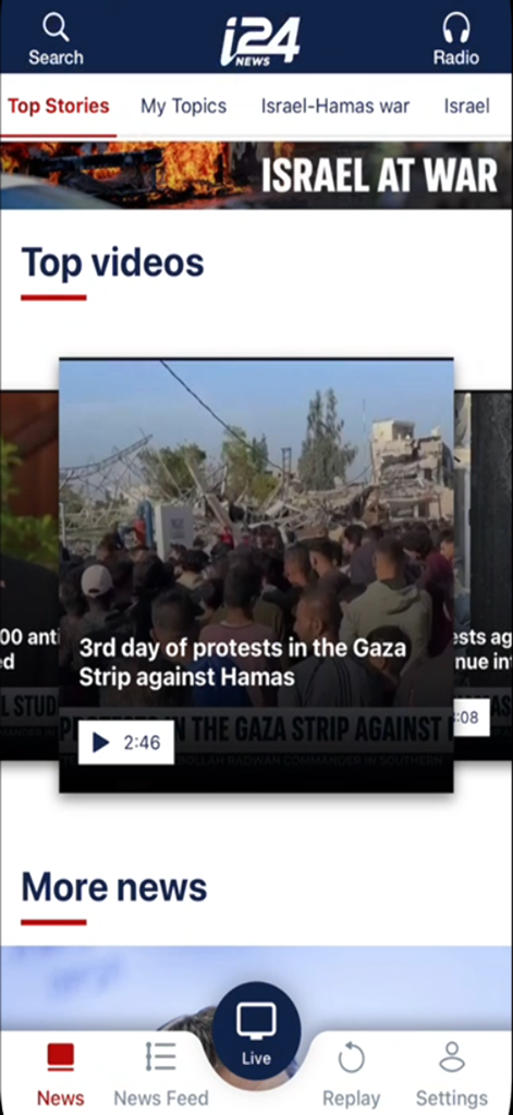 i24NEWS mobile app home screen featuring top news stories and video content from the Middle East