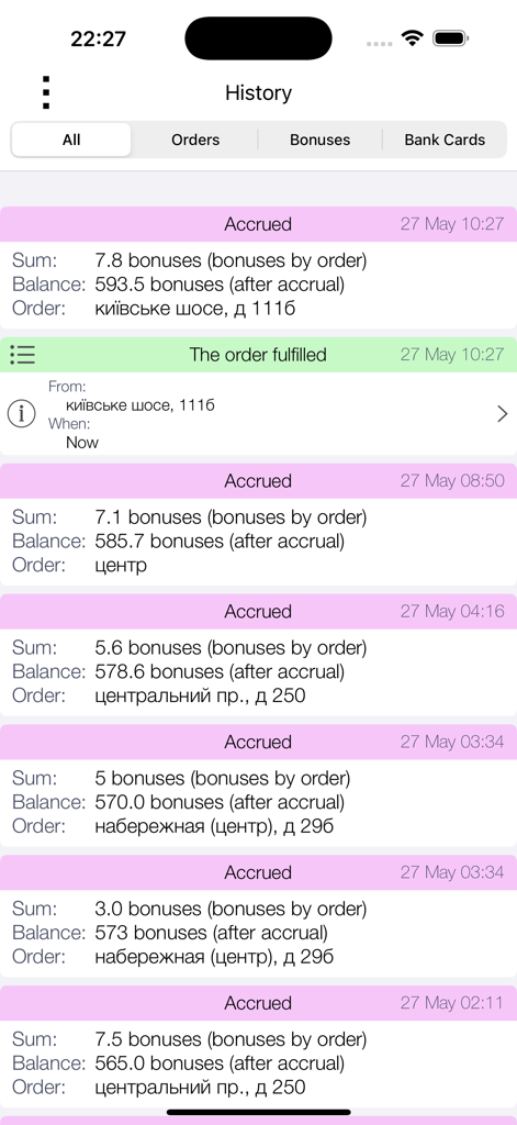 Taxi 994 - Order Taxi Online - Screenshot of the Taxi 994 app history screen displaying accrued bonus points for completed taxi orders
