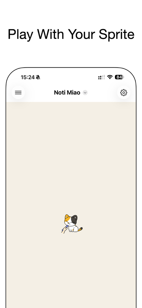 NotiSprite: Smart Desktop Pet - Oberfläche der NotiSprite-App, die zeigt, wie ein Benutzer mit einem niedlichen animierten dreifarbigen Katzen-Sprite namens Noti Miao interagiert.