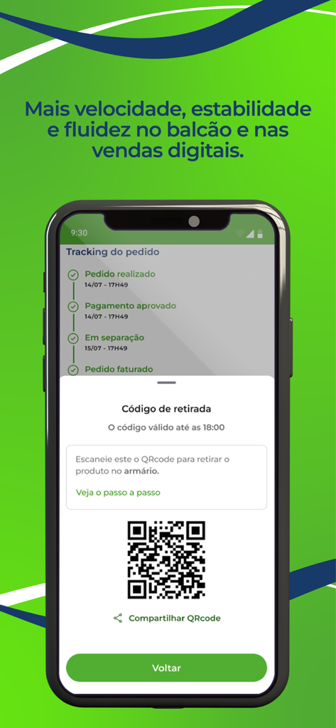 Frigelar - Smartphone screen showing the Frigelar app order tracking status and a QR code for in-store pickup